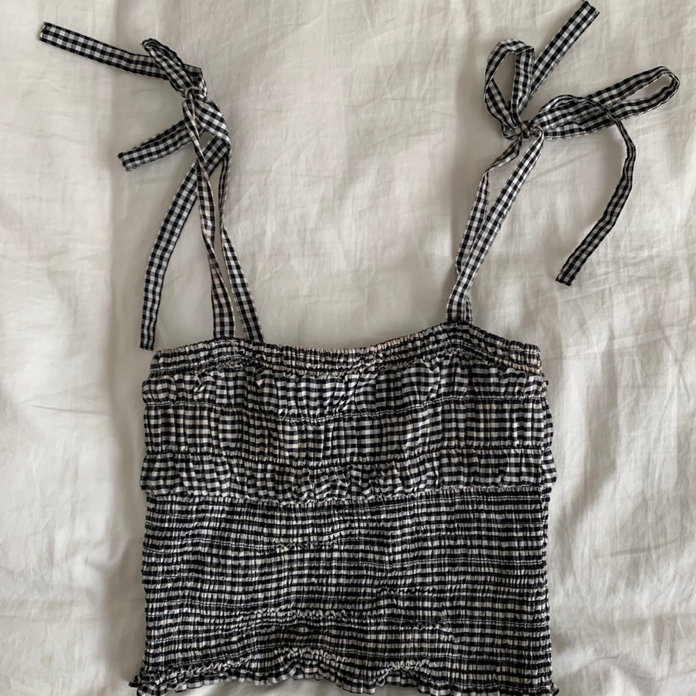 Navy blue and white plaid crop top